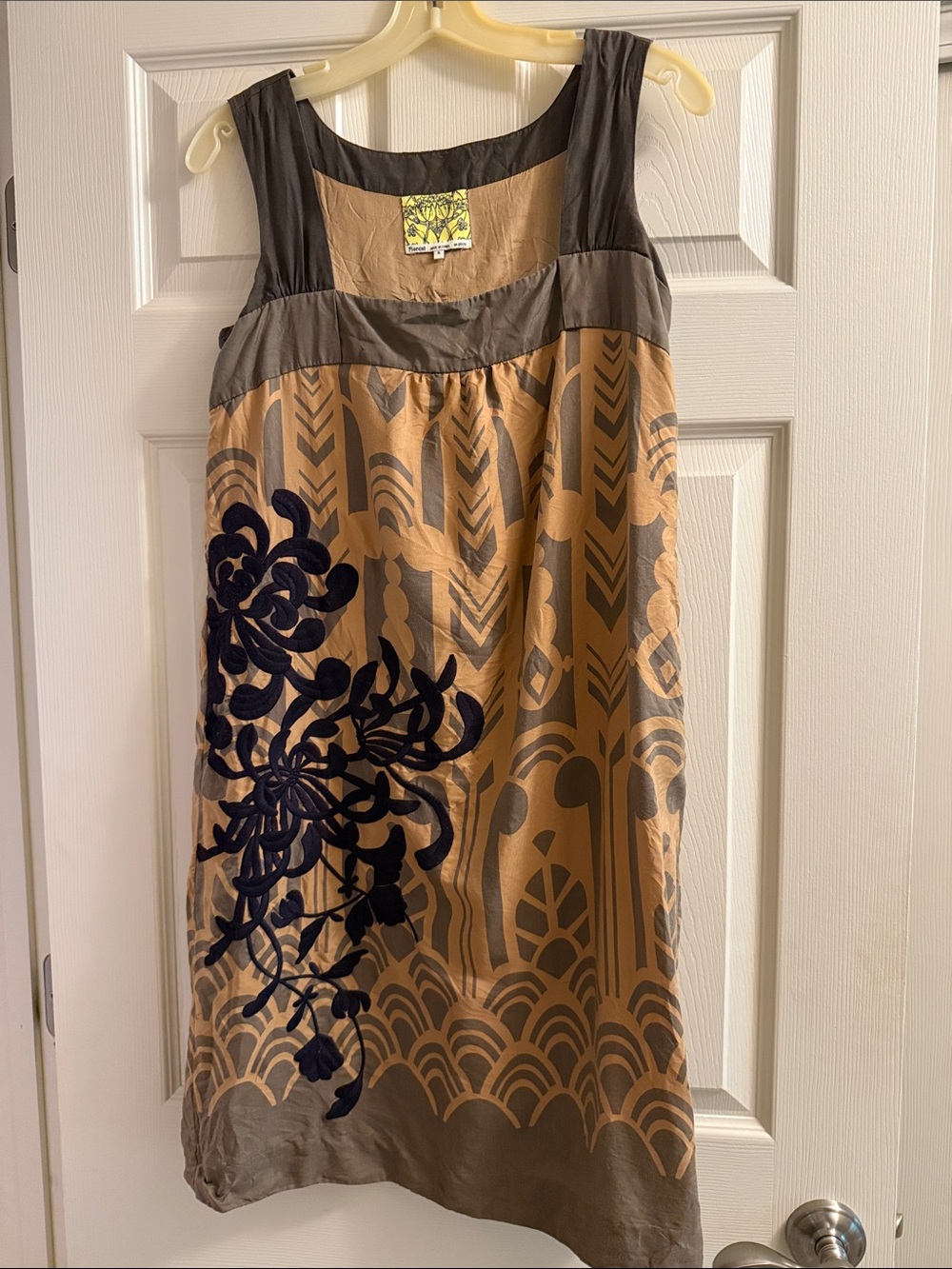 Floreat Tan and Gray Sleeveless Shift Dress with Navy Floral Appliqué